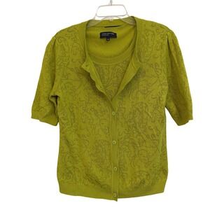 Jones New York Collection Lime Green Jacquard Cardigan Shell Sweater Set L EUC